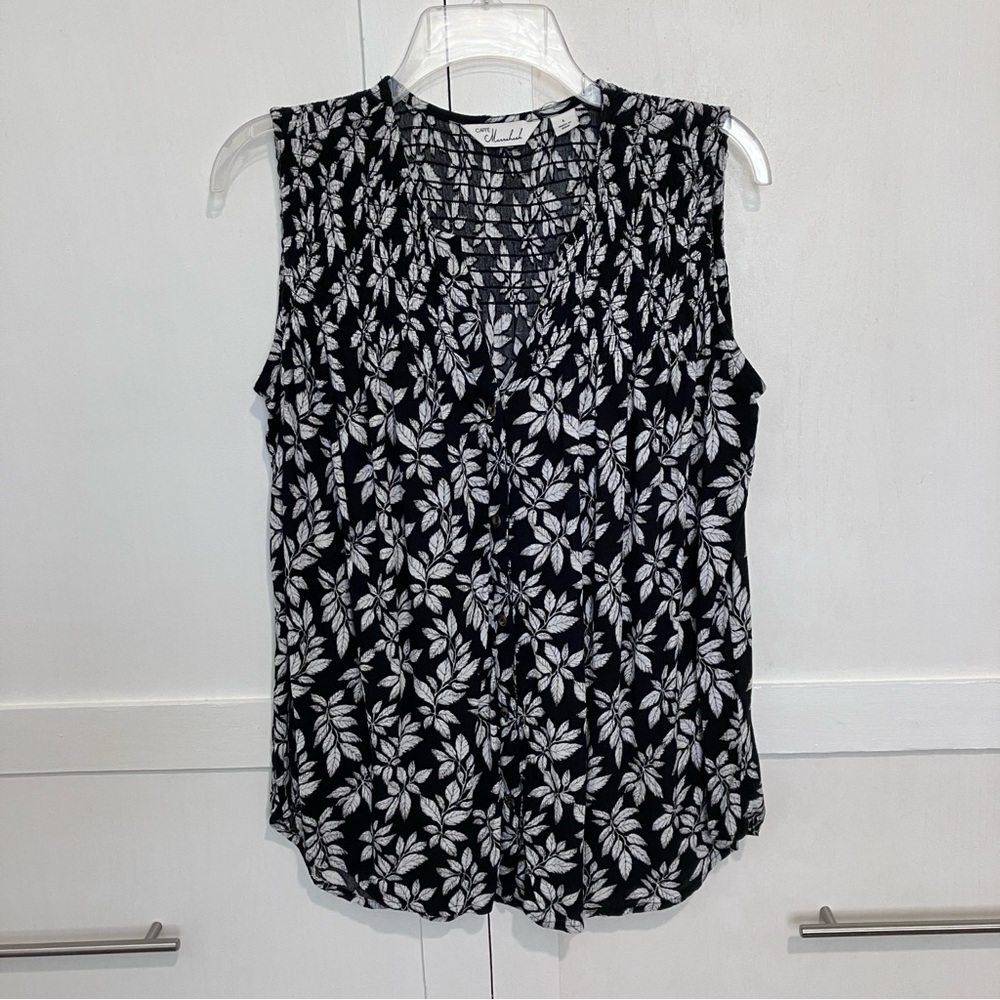 Caffe Marrahesh Black and White Sleeveless Floral Blouse, L